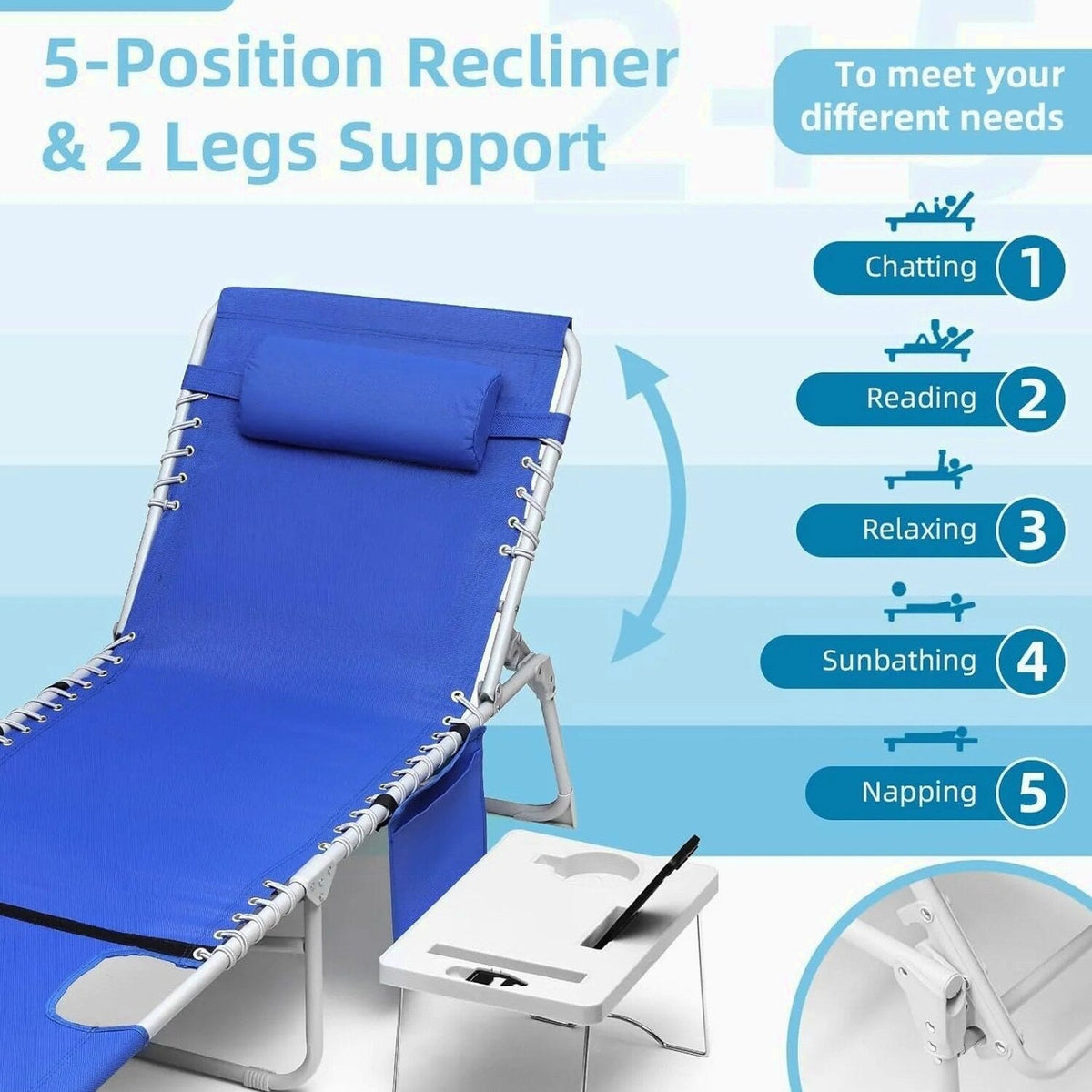 Yestomo 3-In-1 Outdoor Tanning Lounge Chair, 5-Position Recliner, 330lbs, Blue