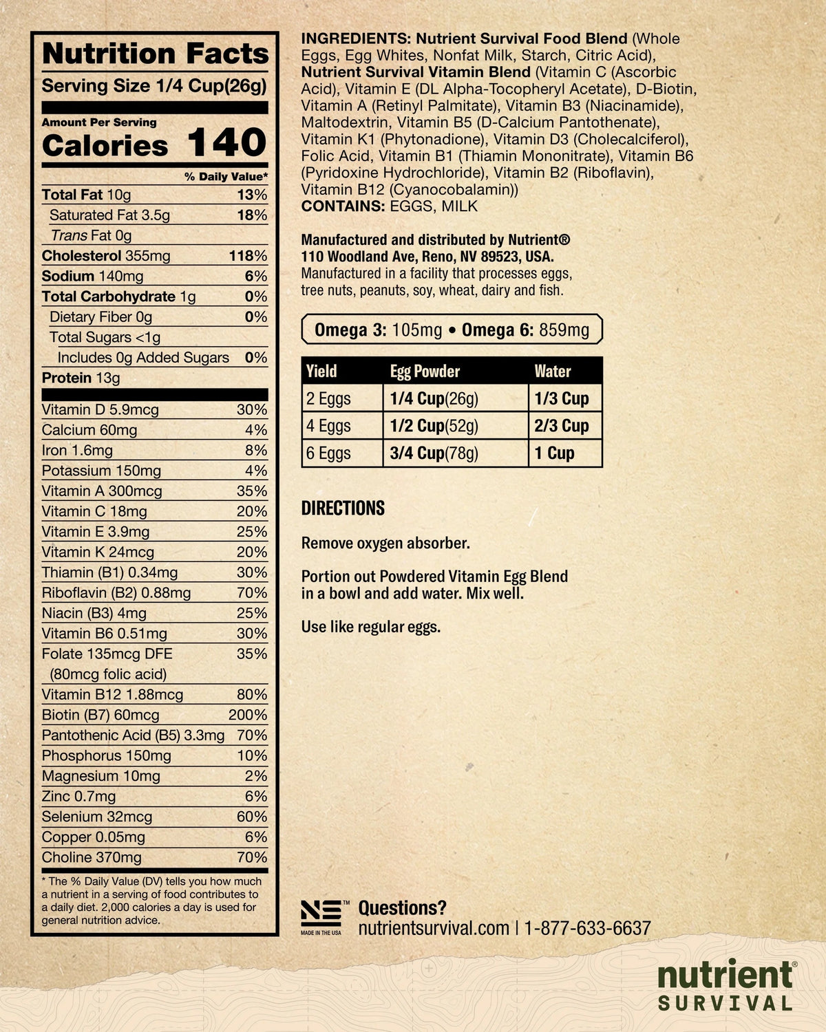 Nutrient Survival Vitamin Powdered Egg Blend, 70 Egg Equivalent, 33 Nutrients, Gluten Free, Up To 25 Year Shelf Life