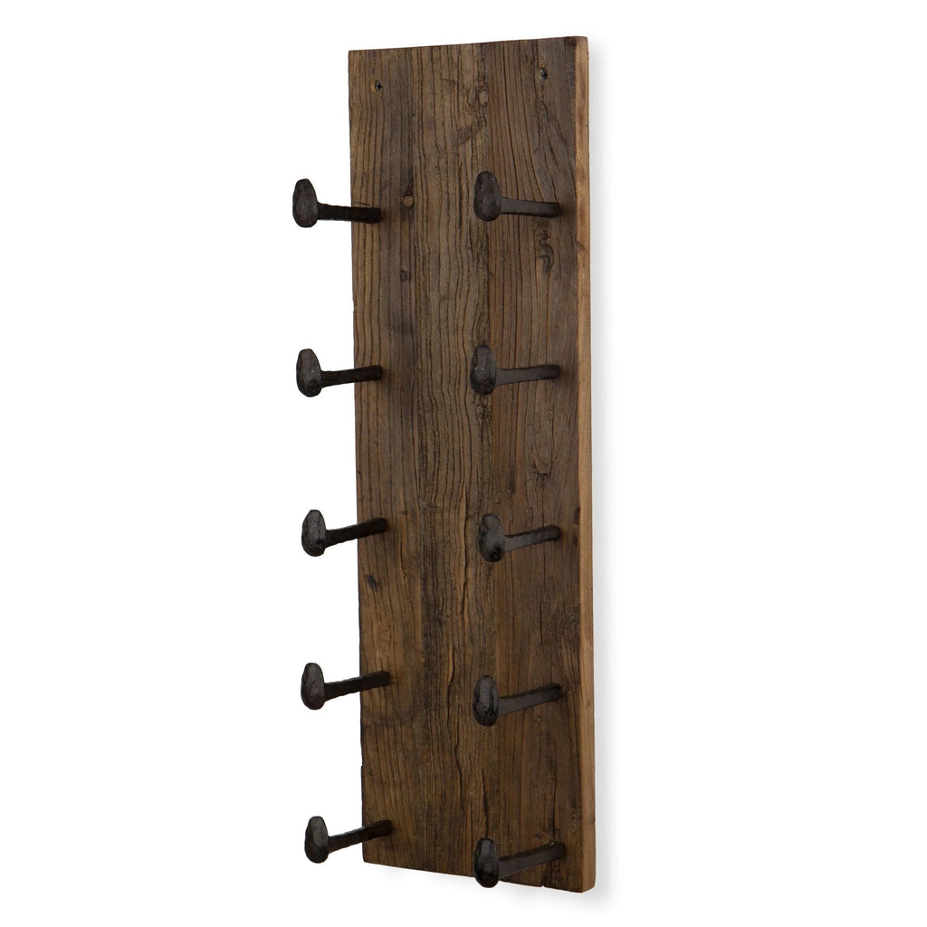 5 Bottle Wood Wall-Mounted Wine Rack, Walnut, 24in W - 10 Cast Iron Hooks