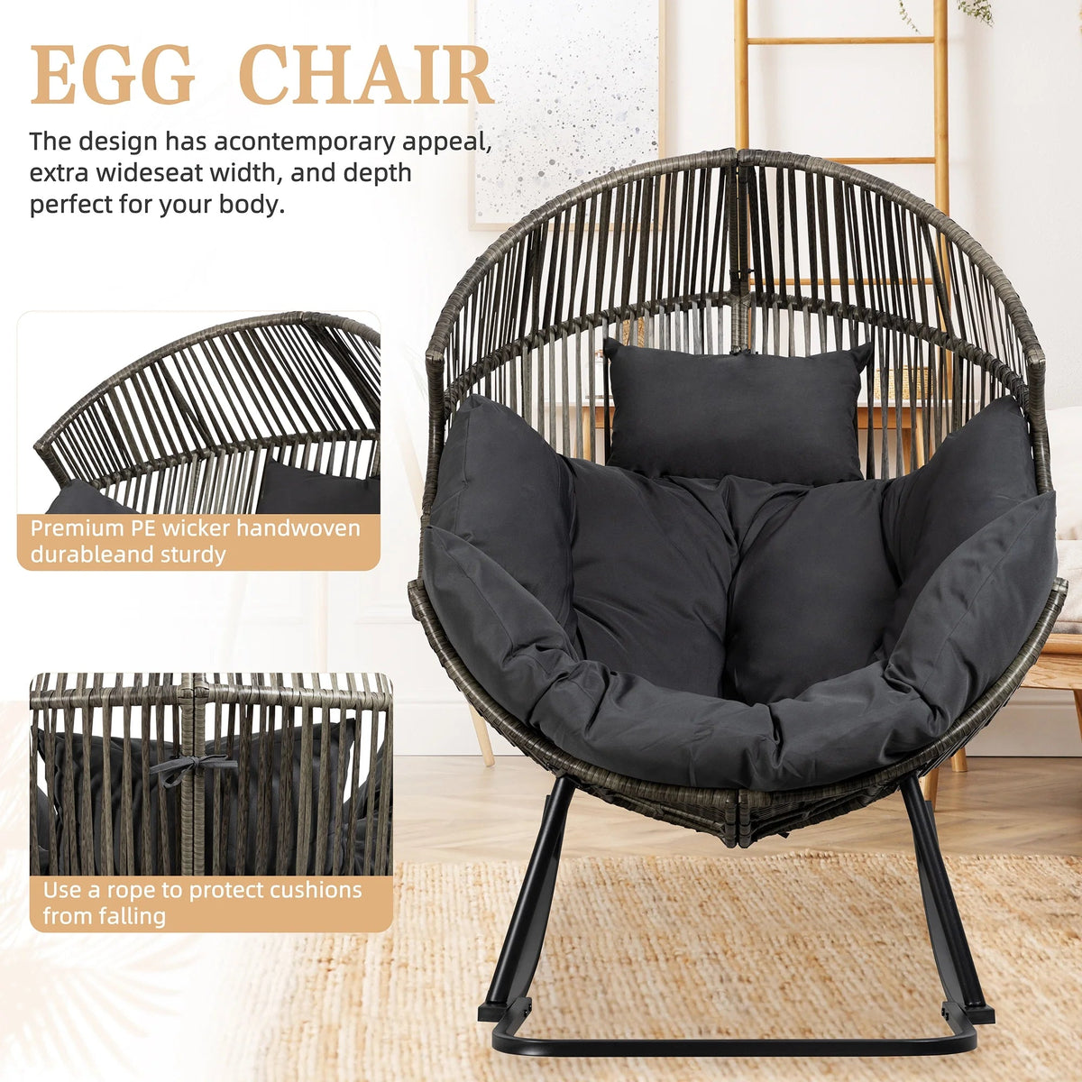 Walsunny Outdoor Patio Wicker Oversized Egg Chair With Cushion