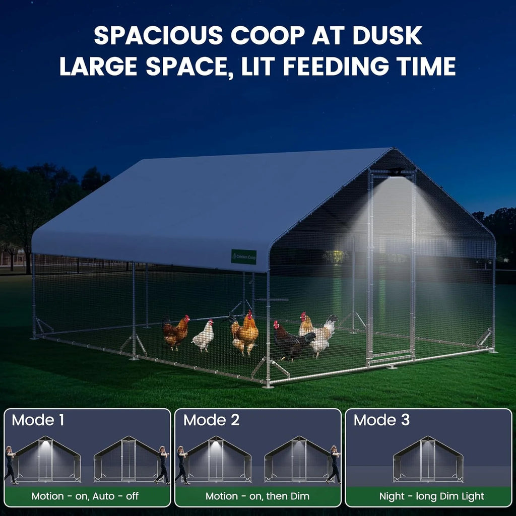 CHIKENCOOP Large Walk-In Metal Chicken Coop With Run, Solar Light And UV Cover - 2-Unit Coop