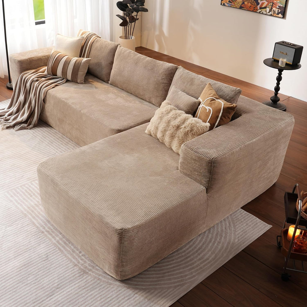 ovios 104in L-Shape Sectional Sofa With Chaise, Grey Plush Corduroy Fabric