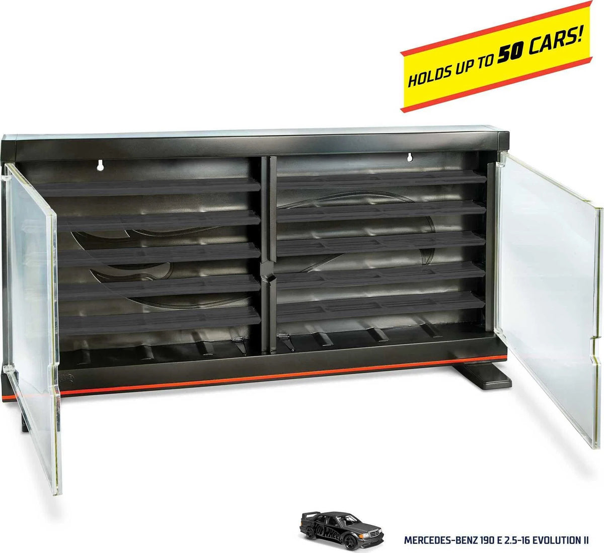 Hot Wheels Display Case With Exclusive Mercedes-Benz 190E 1:64 Scale Sports Car