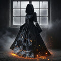 Dark Mage Hooded Robe for Women Halloween Witch Costume with Flared Sleeves & Fitted Bodice