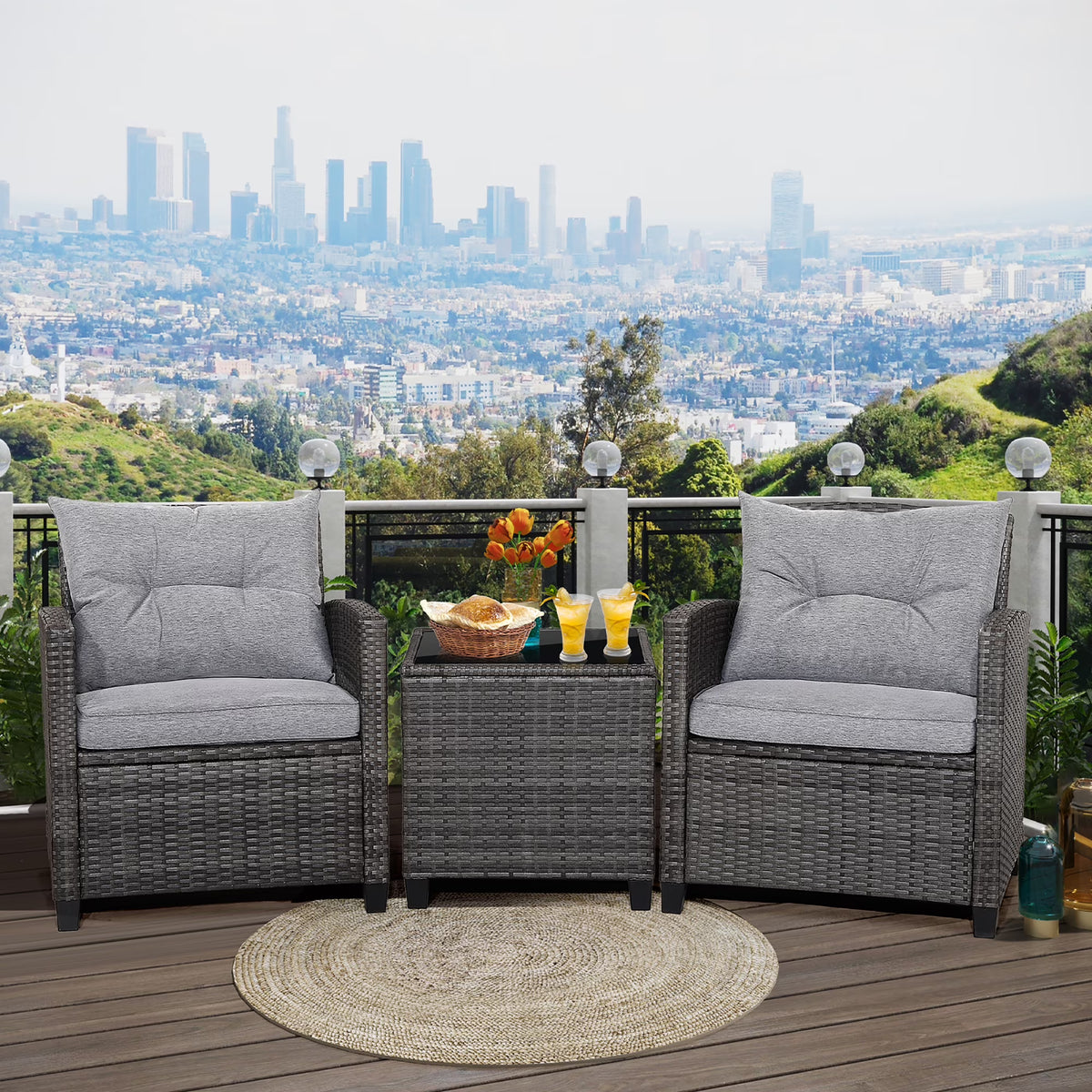 Gymax 3-Piece Patio Rattan Conversation Set With Glass Tabletop And Grey Cushions