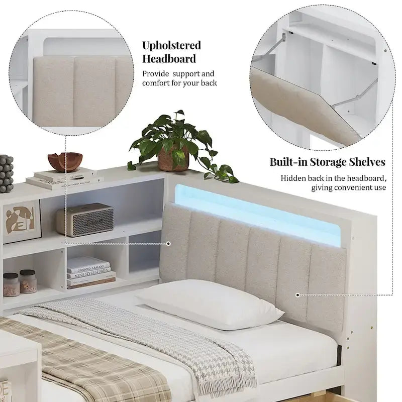 Ivery Furniture L-Shaped Wooden Twin/Full Daybed With Desk, Bookcase, Drawers And RGB Light - Natural/White