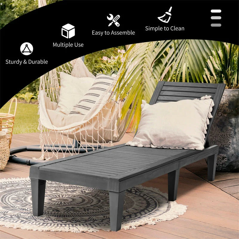 Outdoor Patio Chaise Lounge Chair Recliner - Adjustable 5 Positions, Wood Texture Design
