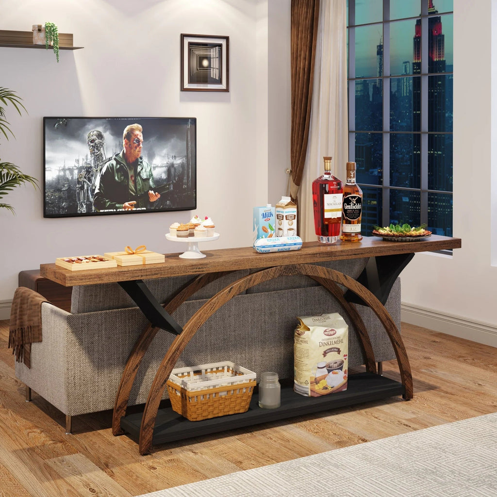 2-Tier Slim Console Sofa Table, Engineered Wood and Metal - 11.81 in D x 70.87 in W x 33.46 in H
