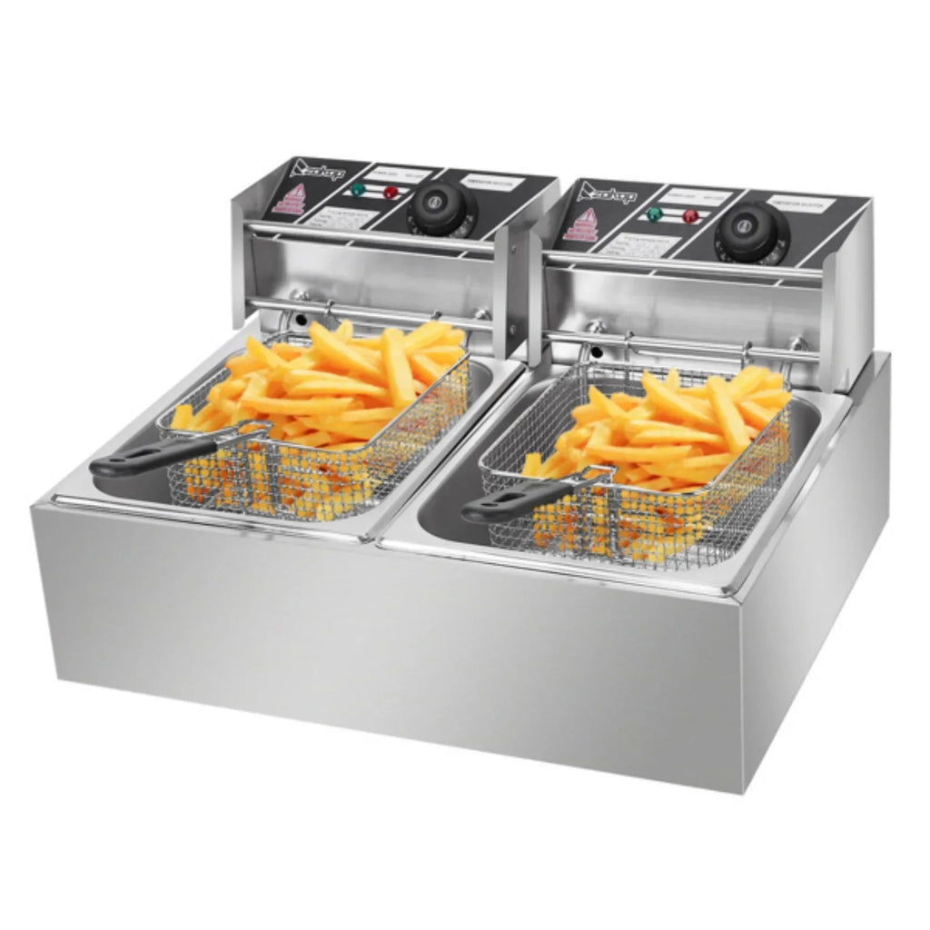 YAPENG Electric Deep Fryer, 12L x 2, 2500W x 2, Stainless Steel, Silver