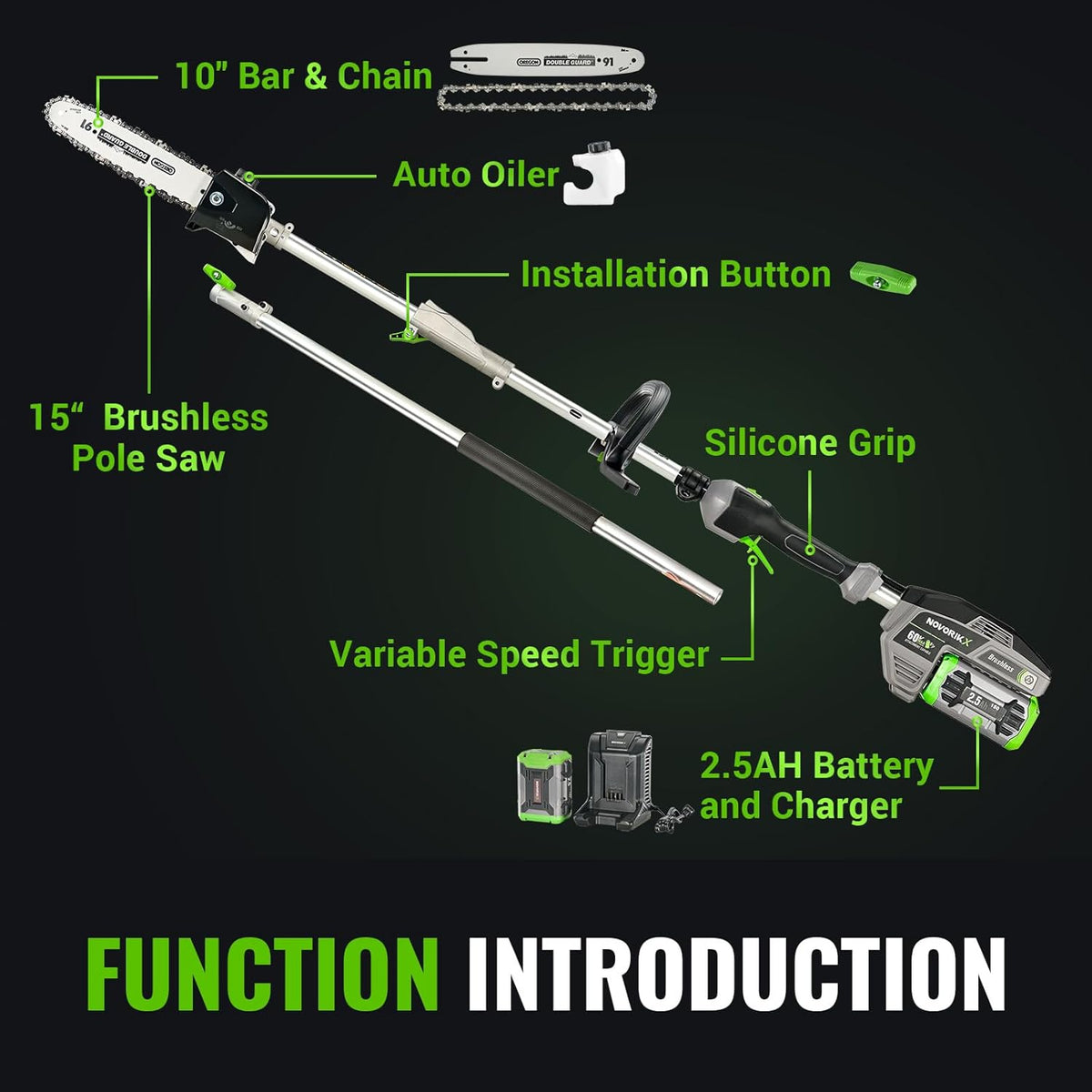 60V Cordless Pole Saw With 15 FT Reach, 10 Inch Guide Bar And 2.5AH Battery
