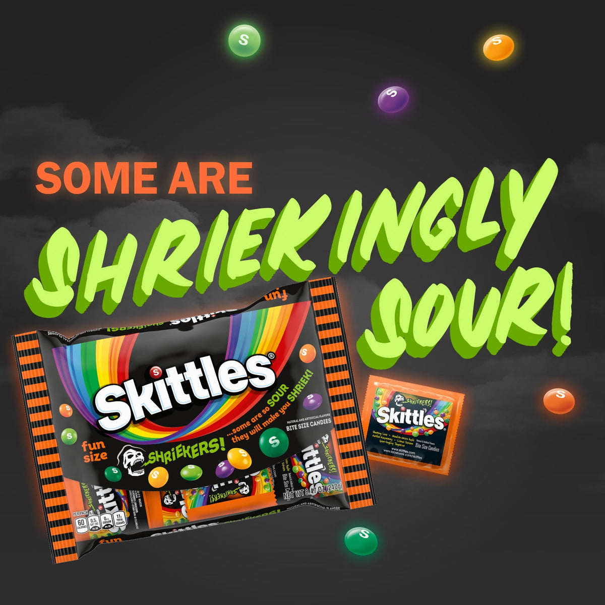 Skittles Shriekers Sour Fun Size Halloween Chewy Candy - 8.47 oz Bag