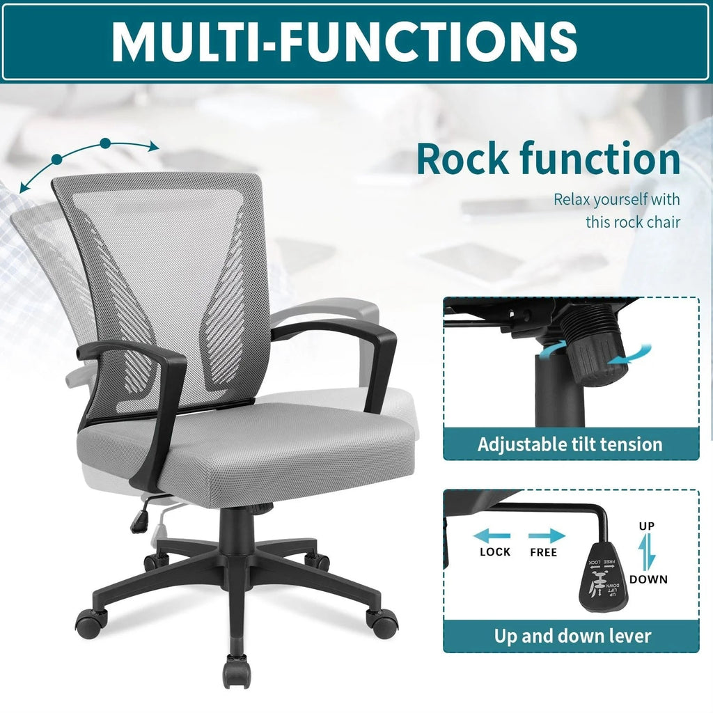 Ergonomic Mesh Mid-Back Office Chair With Adjustable Lumbar Support, 300 lbs Capacity