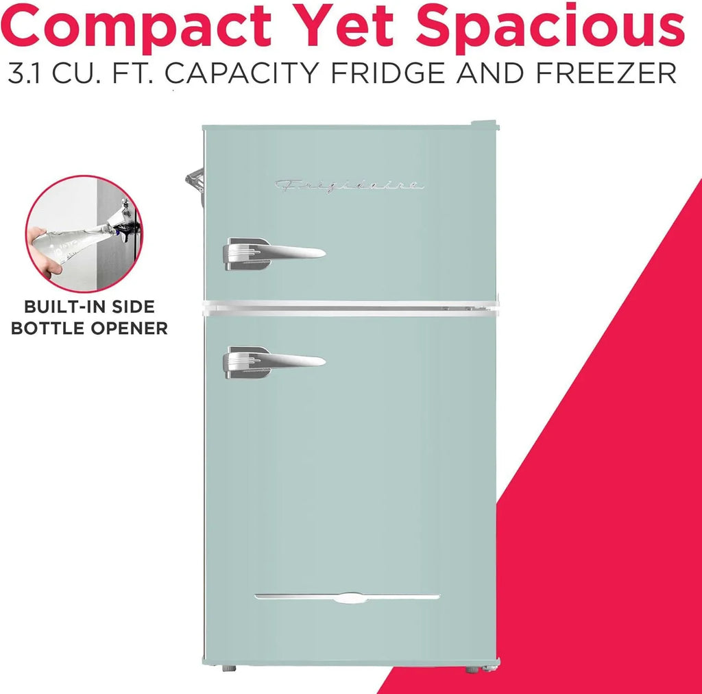 Frigidaire Retro 2 Door Mini Refrigerator With Freezer And Side Bottle Opener, 3.1 Cu Ft, 19in D x 20.5in W x 33.5in H