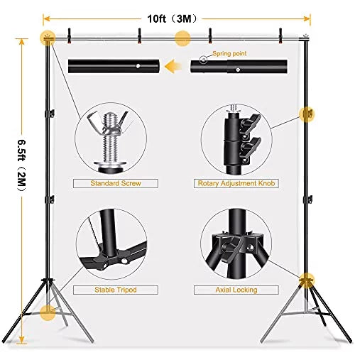Lidlife Adjustable Photography Backdrop Stand Kit, 6.5 x 10ft - With 4 Spring Clamps, Sand Bag And Carry Bag