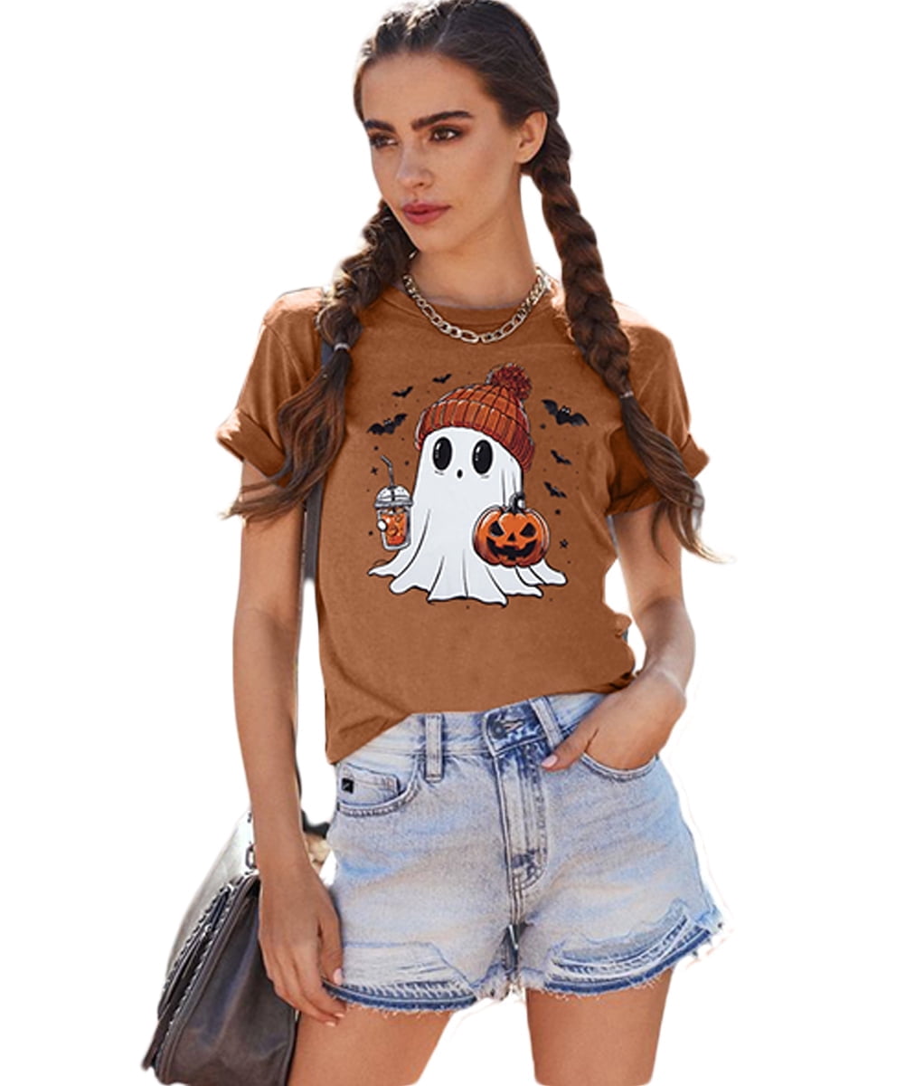 KimSoong Women Halloween T-Shirt Cute Ghost Fall Pumpkin Graphic Shirt Coffee Lover Tees Short Sleeve Tops