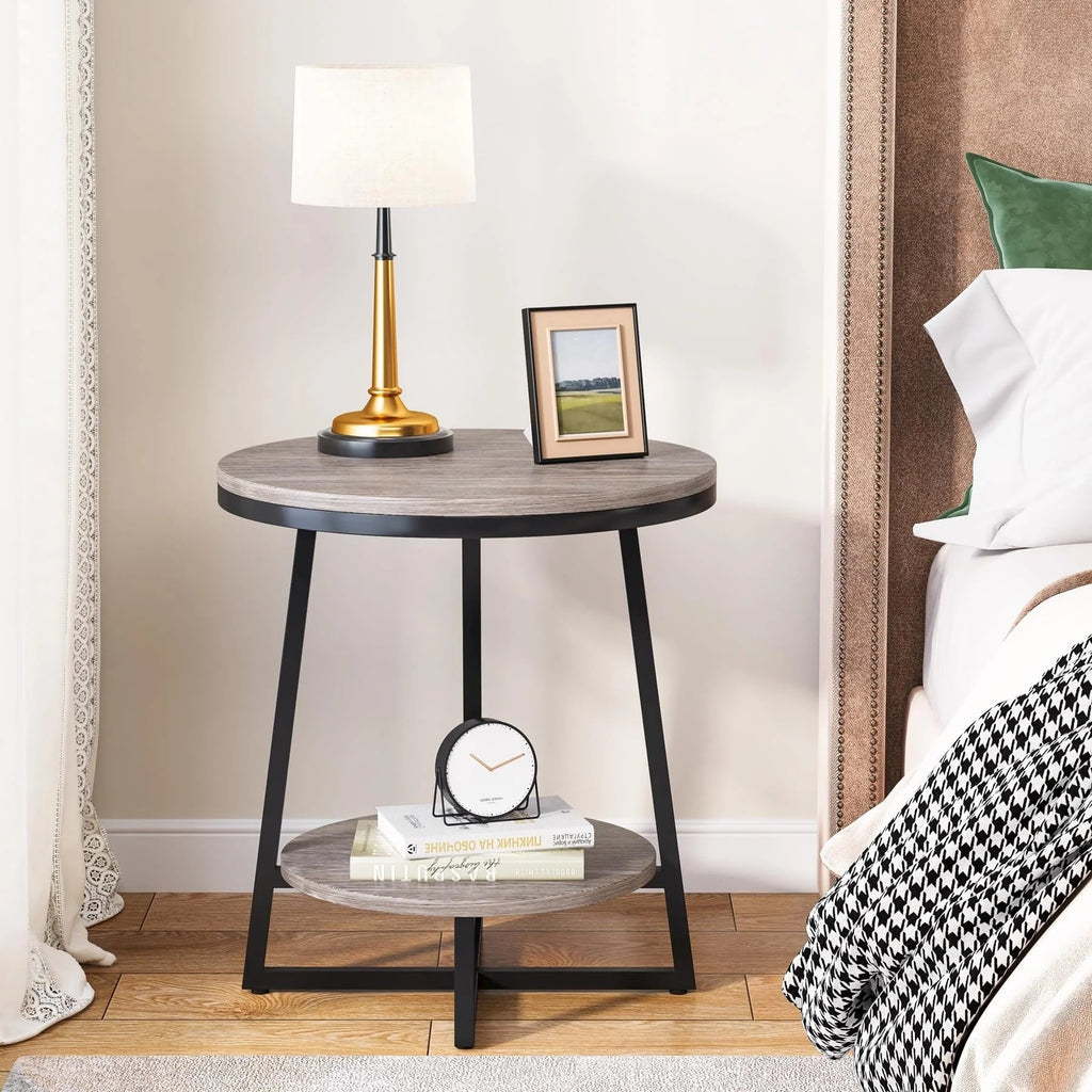 Industrial Round End Table With 2-Tier Storage
