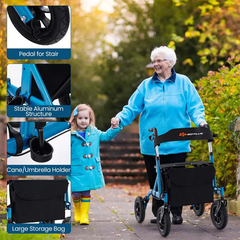 Foldable Rolling Rollator Walker With Seat, 9.5 Inch Pneumatic Wheels