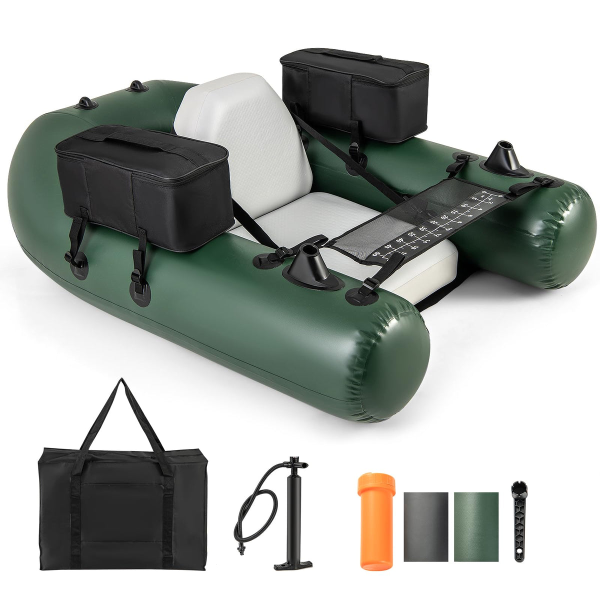 Inflatable Fishing Float Tube With 20in Fish Ruler, 2 Storage Bags, Pump And Carry Bag
