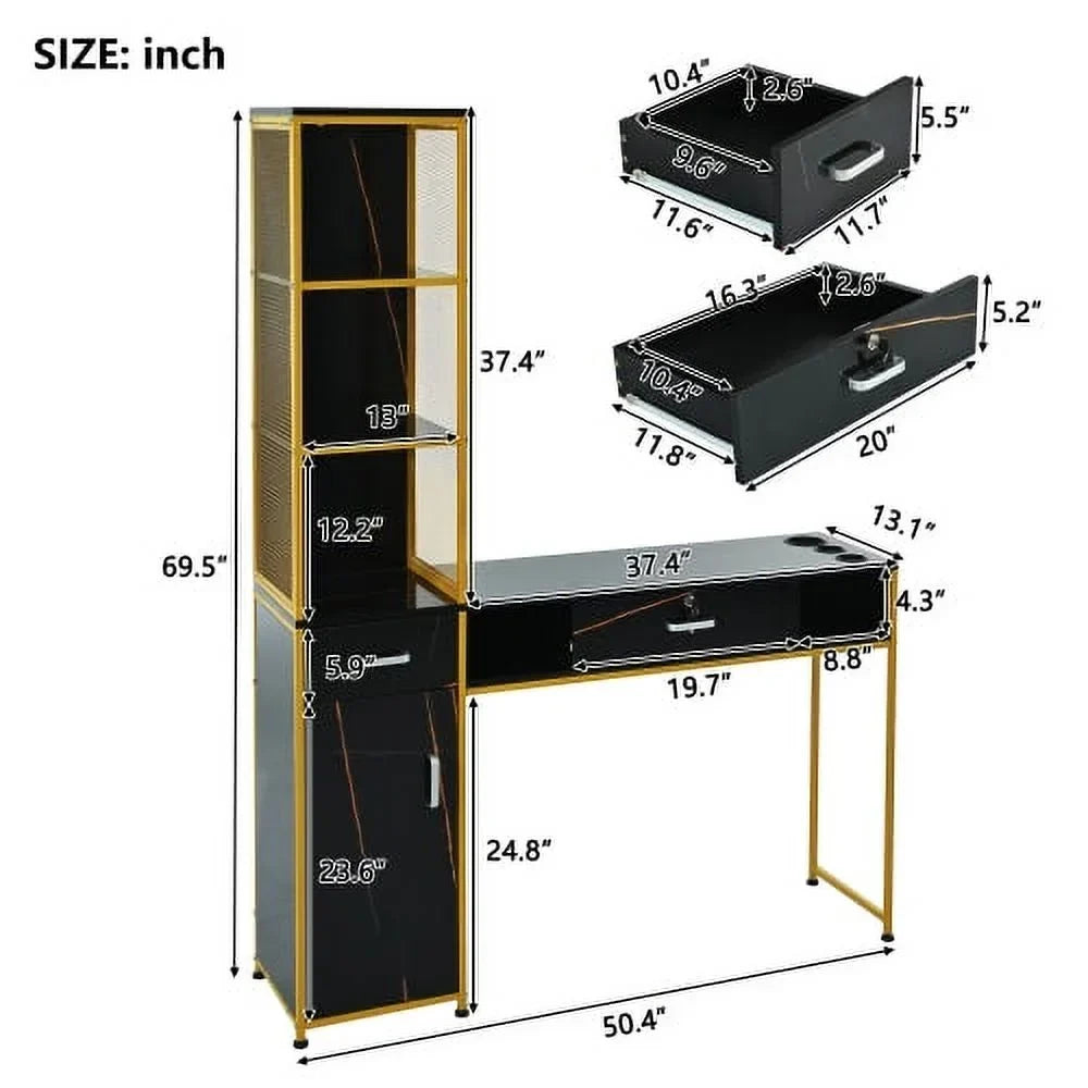 Barber Salon Station With Lockable Drawer, Left Shelf And Storage Cabinet - Black