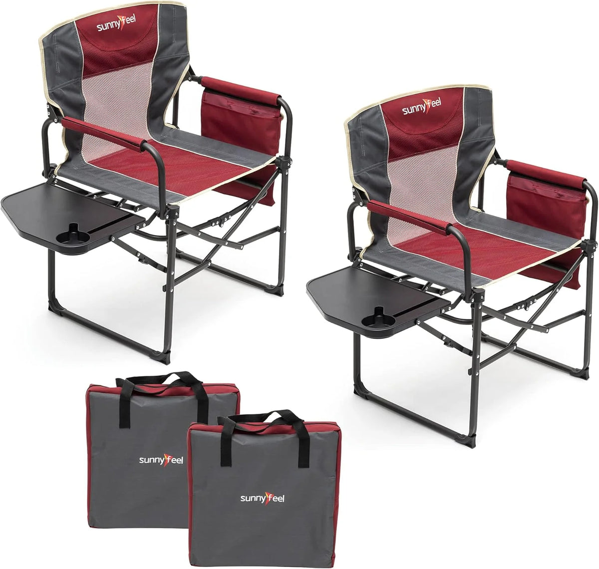 Folding Camping Chairs With Side Tables And Storage Bags - 2 Pcs