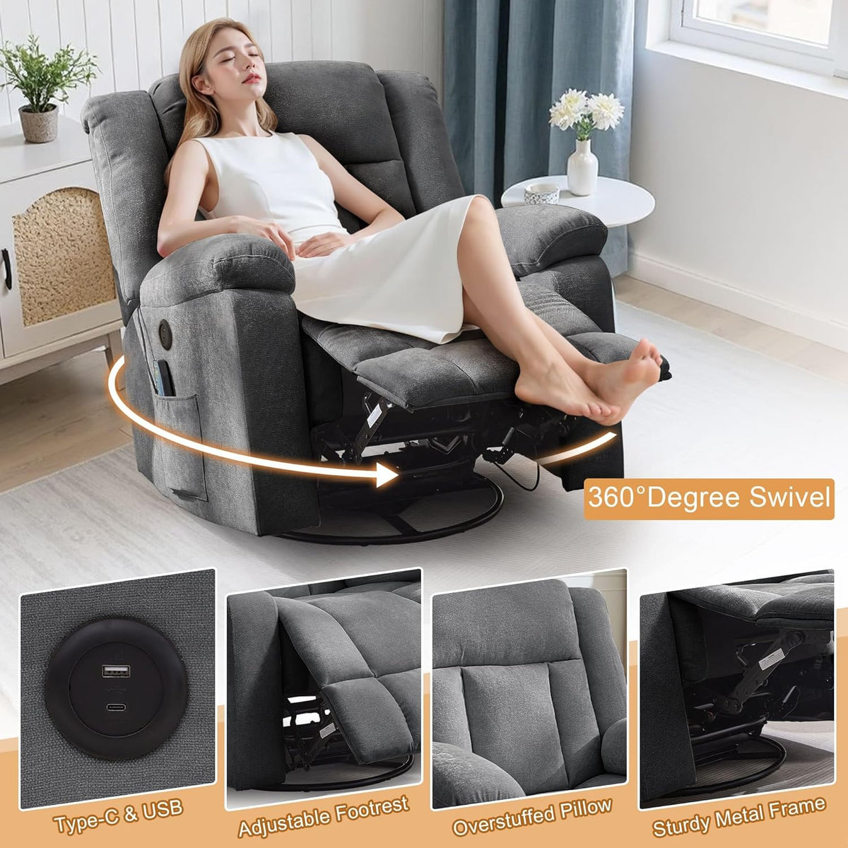 Korser Swivel Rocker Recliner Chair With Massage, Heating, USB Charging And Storage