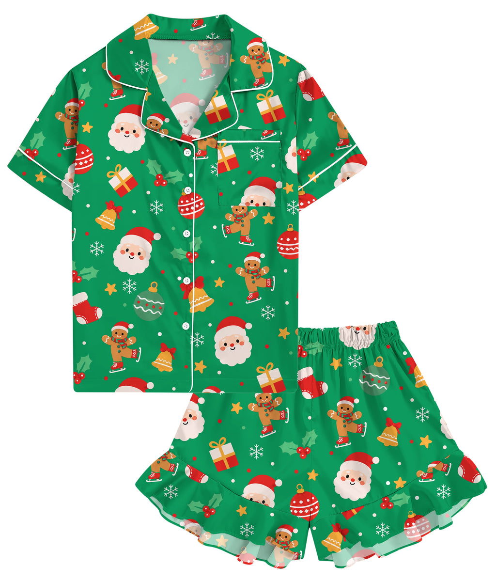 Aideaone Girls Satin Pajama Set Short Sleeve Button Down Silk Sleepwear 2 Piece Summer Loungewear for Child Girl 6-14Y