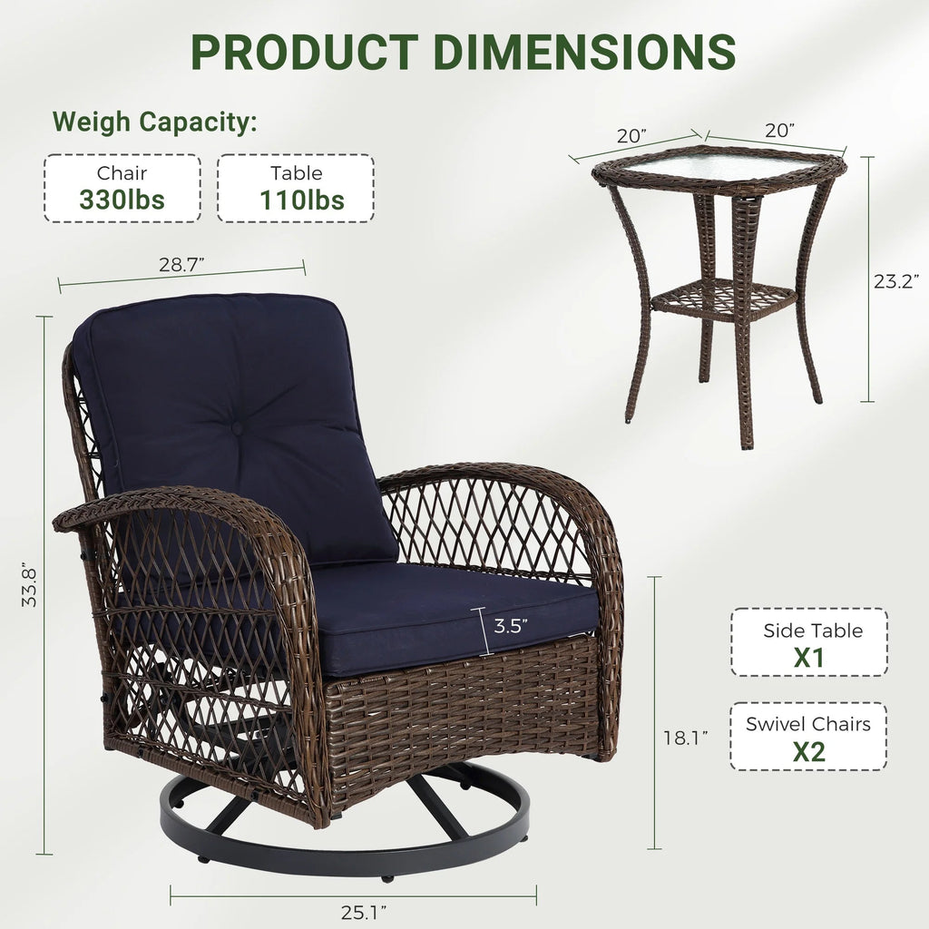 3-Piece Patio Swivel Rocking Chair Set With Glass Top Table - 2 Chairs