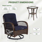 3-Piece Patio Swivel Rocking Chair Set With Glass Top Table - 2 Chairs