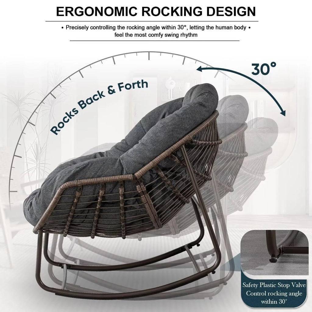 Outdoor Papasan Rocking Chair With Thick Cushion, Grey - 43.70in D x 37.20in W x 31.50in H