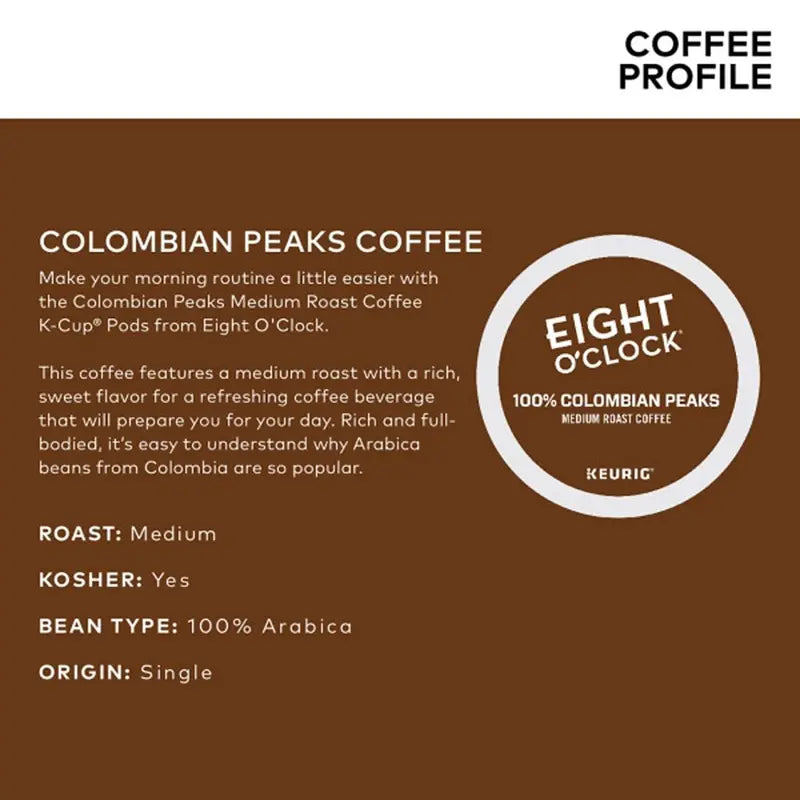 Eight O'Clock Colombian Peaks Medium Roast Coffee K-Cup Pods, 96 Count, 100% Arabica