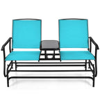 2-Person Outdoor Bench Glider Chair With Center Table, Mesh Fabric, 57 x 28 x 38 in