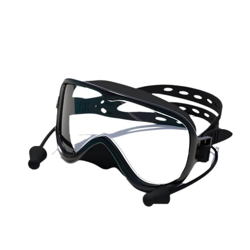 Silicone Large-Frame Swimming Goggles With Cap Set, Black - Clear Lens