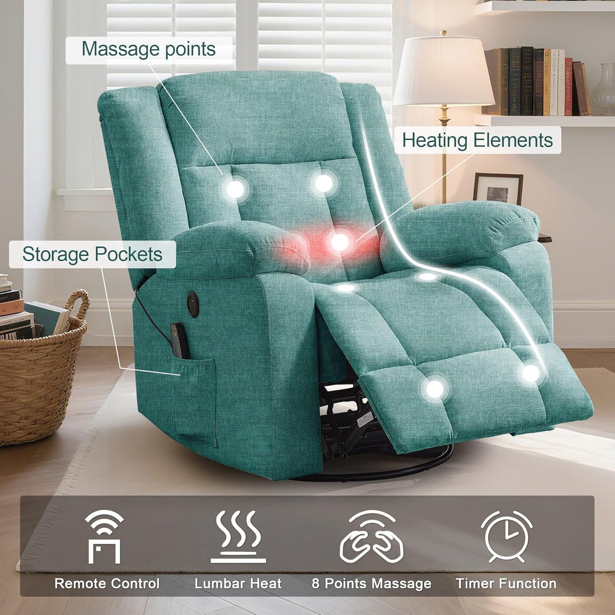 Korser Swivel Rocker Recliner Chair With Massage, Heating, USB Charging And Storage