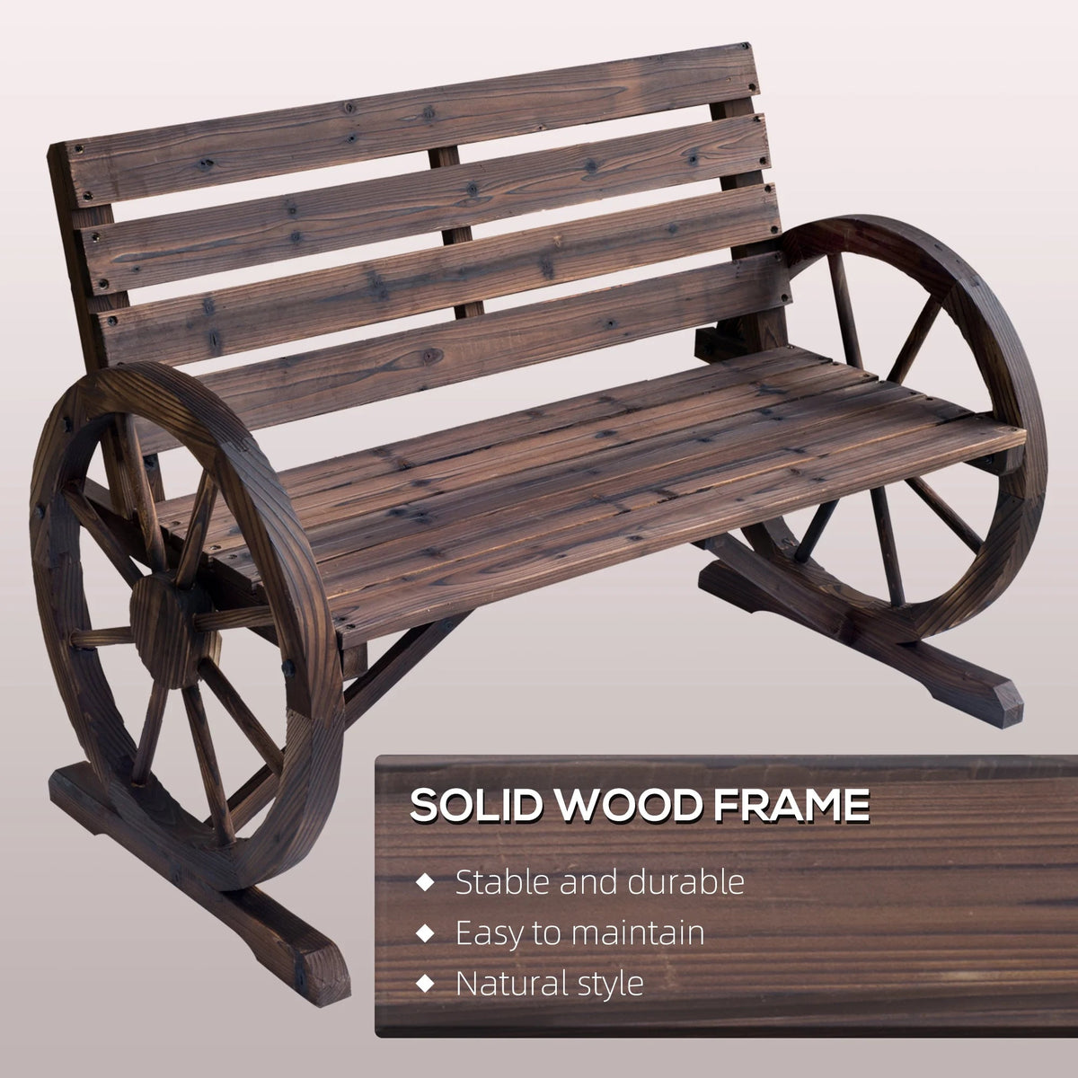 Outsunny Wooden Wagon Wheel Bench, 2-Person, Fir Wood, Carbonized, 41.5in L x 23.25in W x 29.5in H - 84B-183