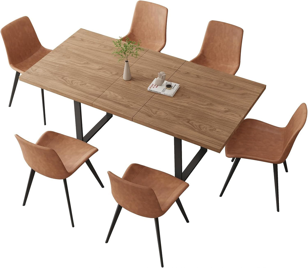 ZckyCine Expandable Walnut Dining Table With 6 Upholstered Chairs, 7-Piece Set - 67 inch