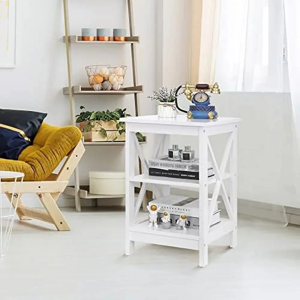 ASDRFYU 3-Tier Wooden End Table With Shelves, X-Design, White