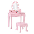 Kids Wood Vanity Table And Chair Set With Lights, Mirror, Drawer And Stool