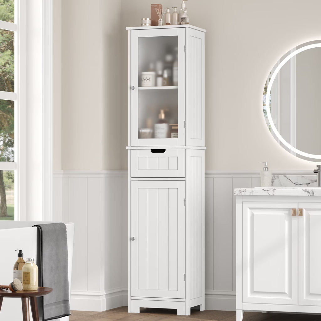 Homfa Tall Narrow Bathroom Storage Cabinet With Door And Drawer, 15.7in L x 11.8in W x 67in H, White