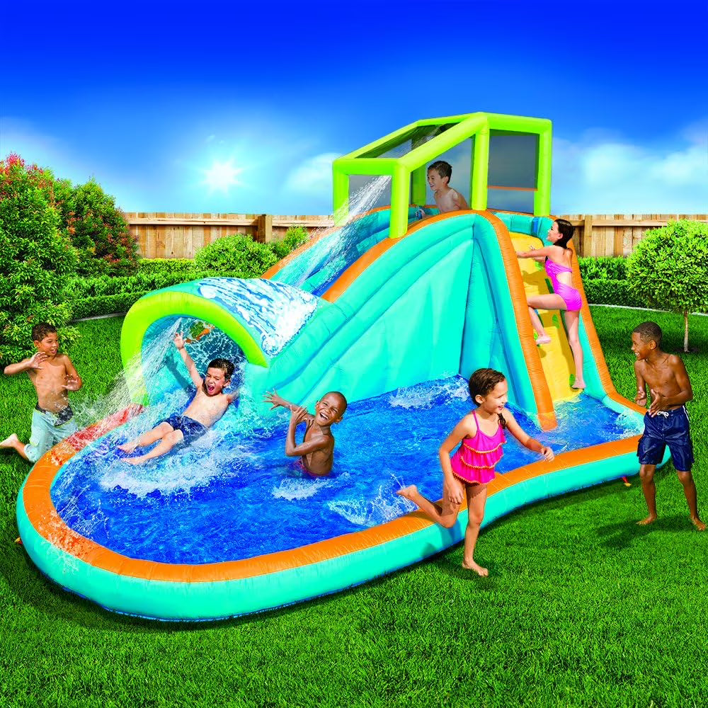 Banzai Inflatable Water Slide Kids Pool With Built-In Sprinkler Wave And Water Wall - 14 Feet Long By 8 Feet High