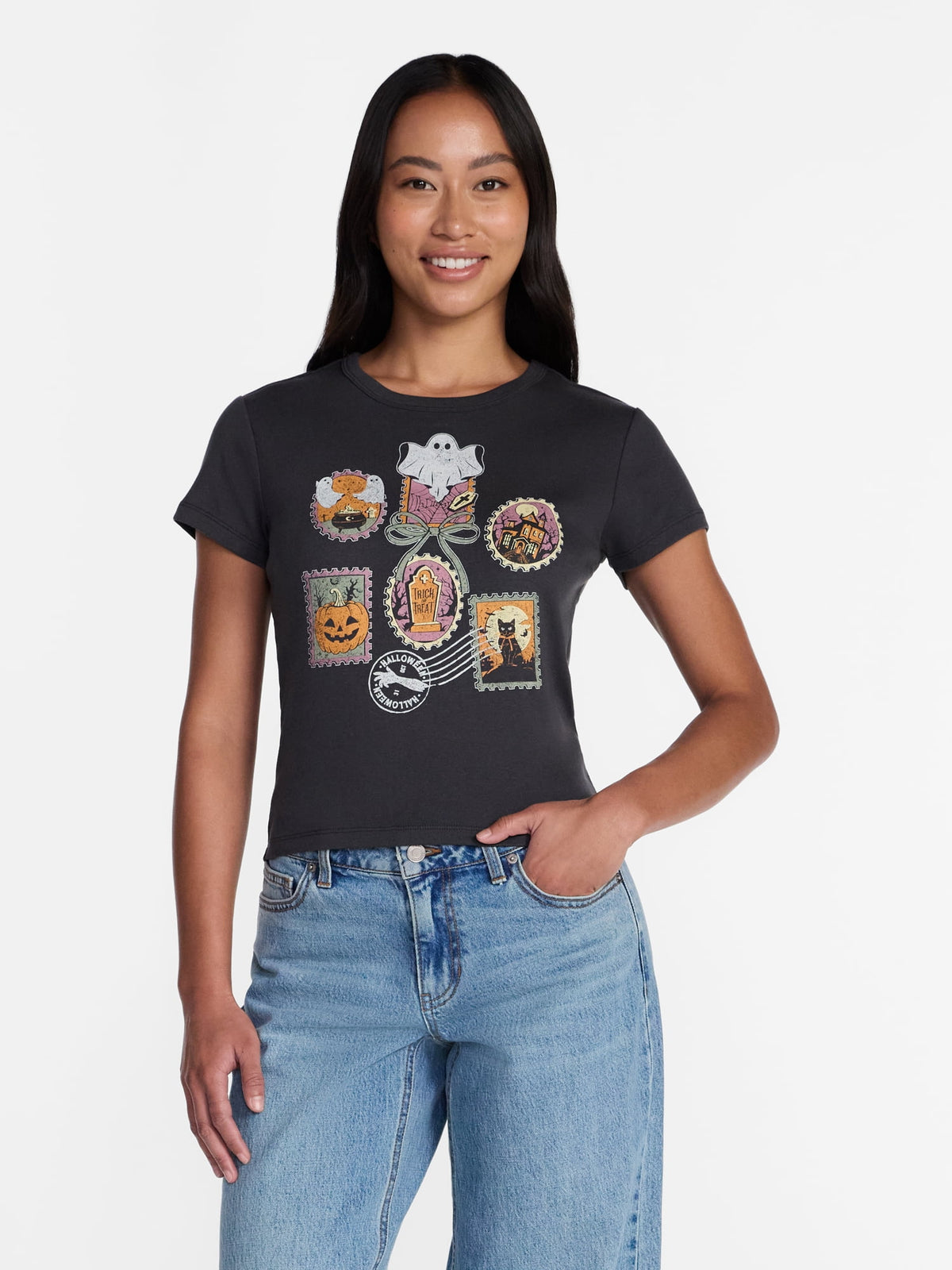 Halloween Stamp Women's Graphic Tee with Short Sleeves, Sizes XXS-XXL