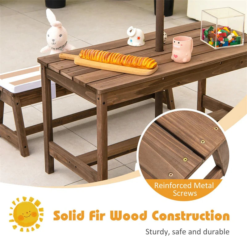 Wooden Kids Picnic Table Bench Set With Cushions And Height-Adjustable Umbrella - 35 in