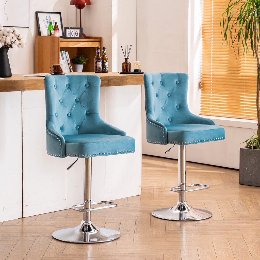 Alexent 2-Piece Swivel Bar Stools, Dark Blue, 43.7-51.6 H, 19.3 W x 18.1 D - Silver Footrest