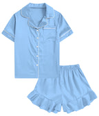 Aideaone Girls Satin Pajama Set Short Sleeve Button Down Silk Sleepwear 2 Piece Summer Loungewear for Child Girl 6-14Y