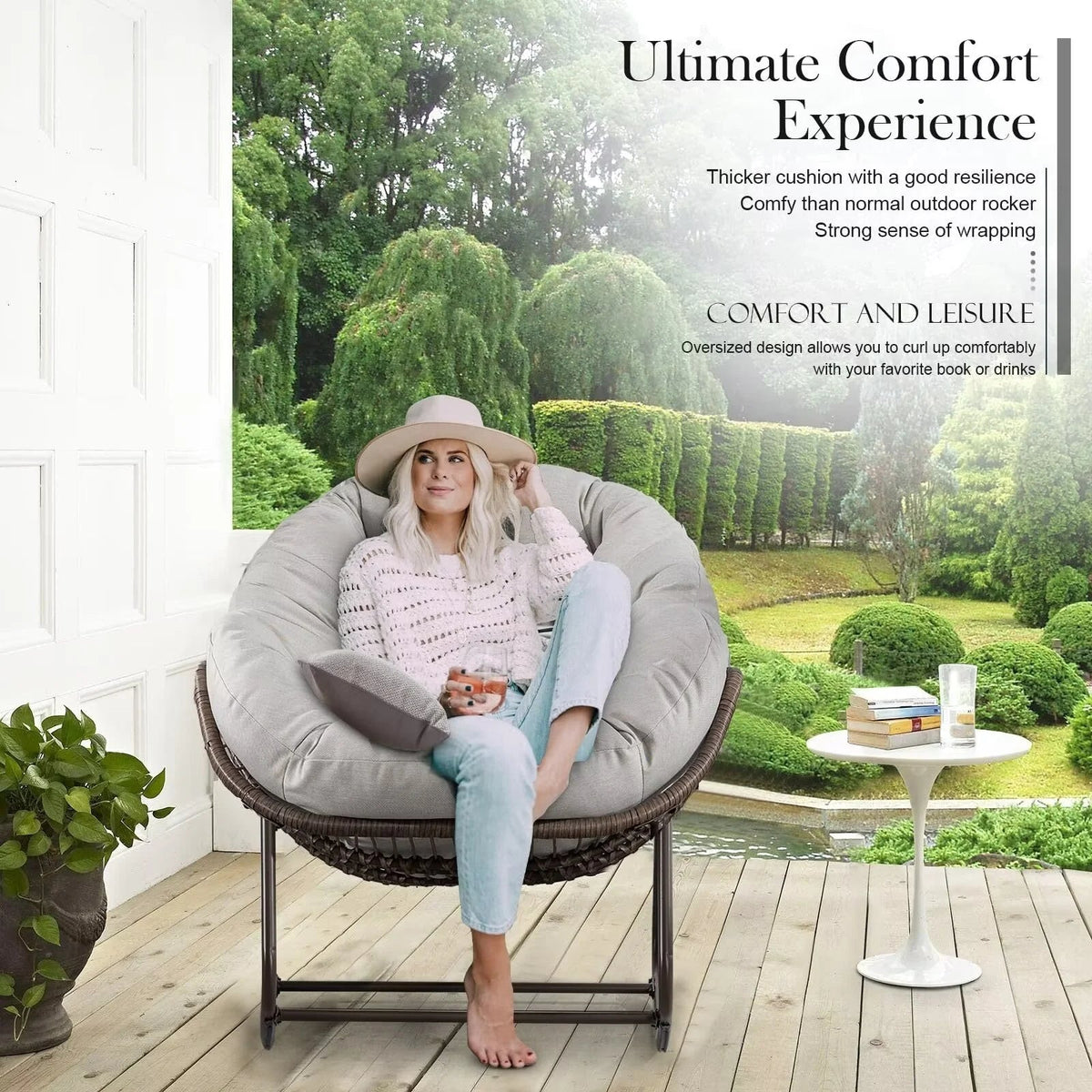 Outdoor Papasan Rocking Chair With Thick Cushion, Grey - 43.70in D x 37.20in W x 31.50in H