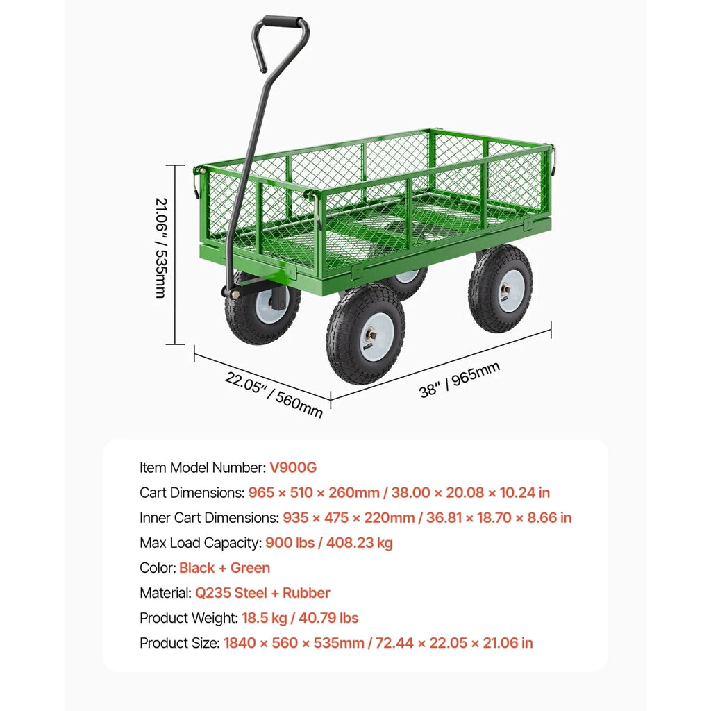 KFFKFF Steel Garden Utility Cart 900 Lbs, 38 x 22 in, 10 in Wheels, Green - V900G