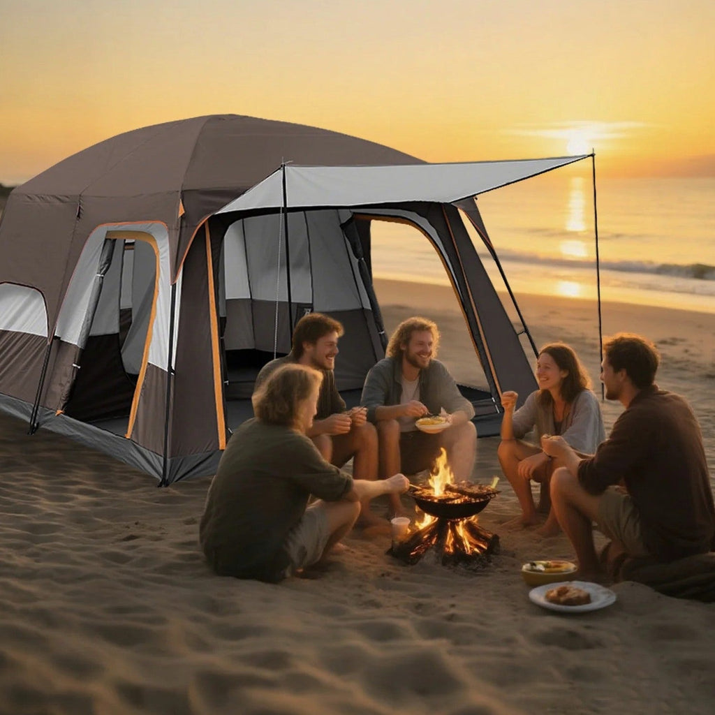 KFeng 12 Person Camping Tent, 2 Rooms, 3 Mesh Doors, 3 Mesh Windows, Brown