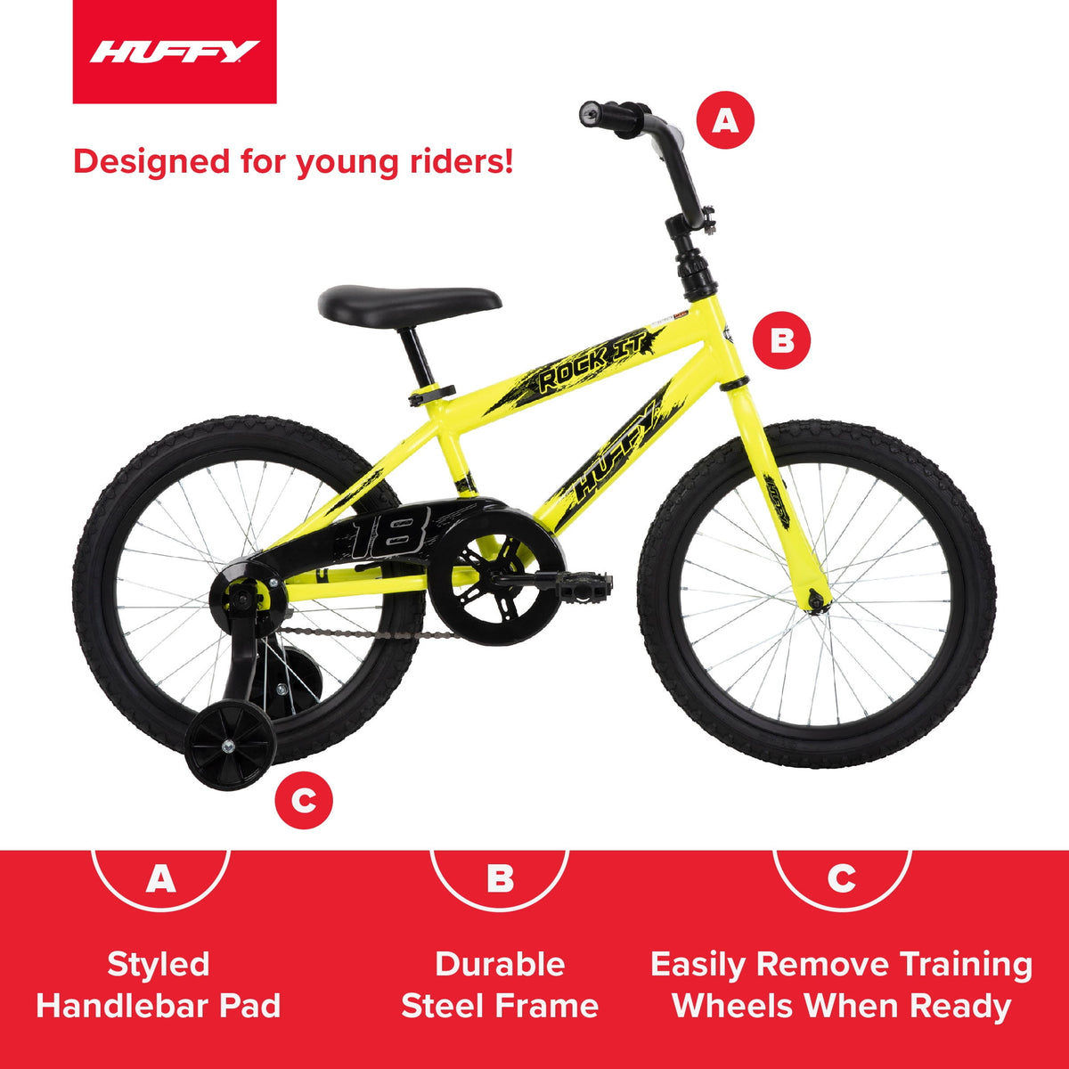Huffy Kids Bicycle 18in, Neon Yellow, Single-Speed, Training Wheels - Rock It