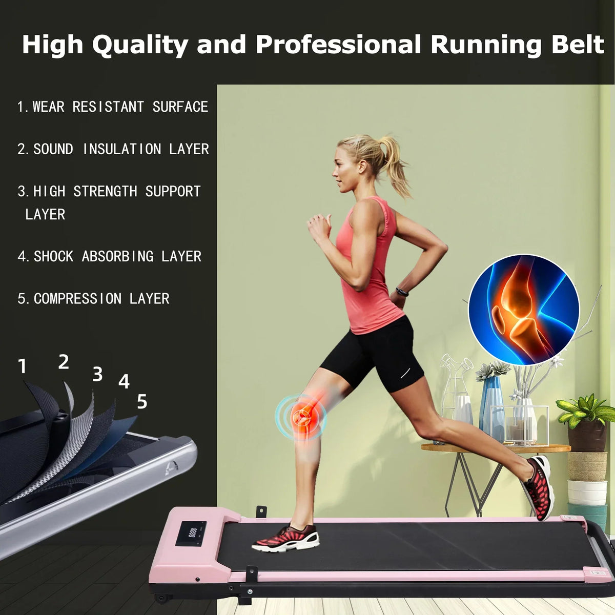 BITOUSHI Under Desk Walking Pad Treadmill 2 In 1, 3.0HP, 220 Lb Capacity - Pink