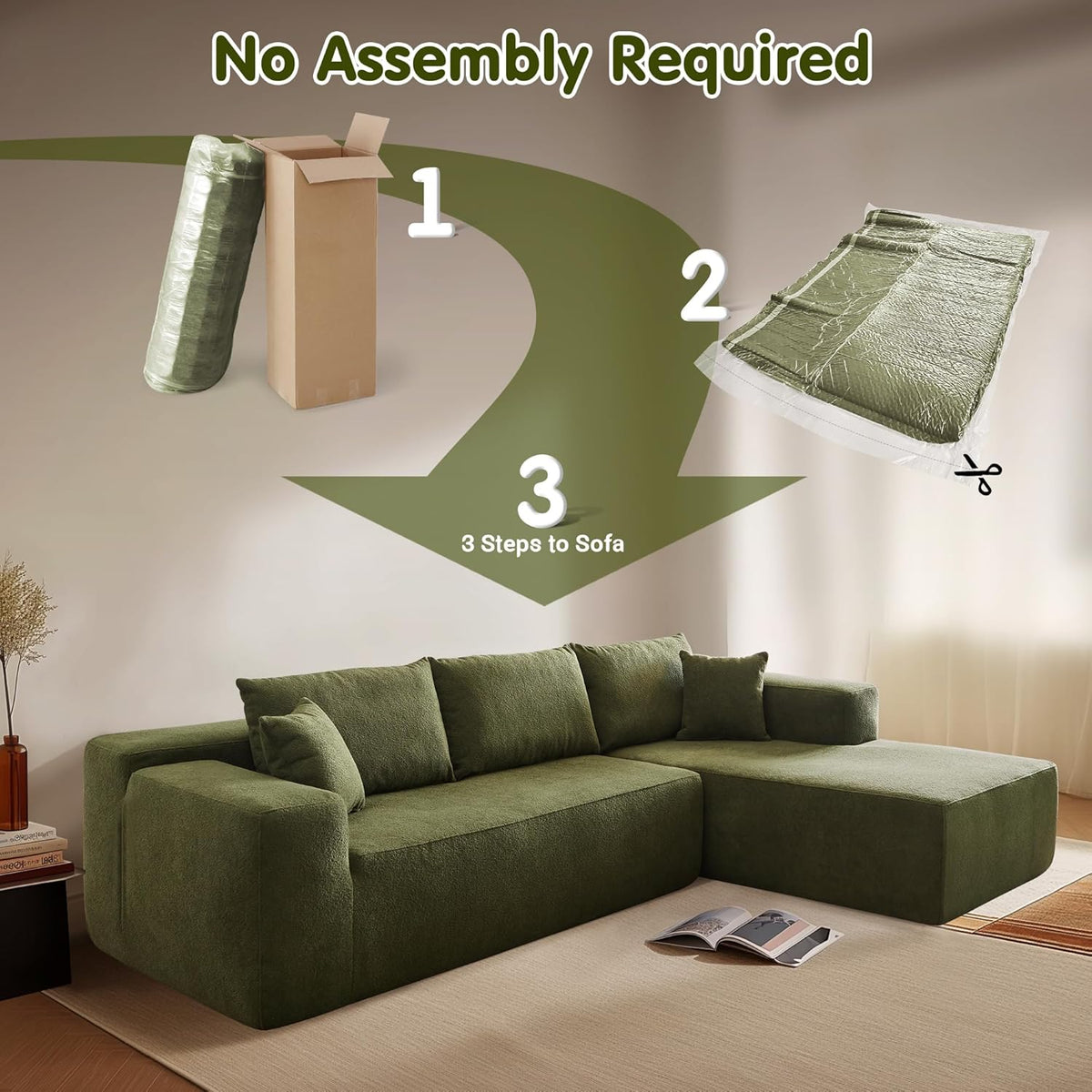 ovios 104in L-Shape Sectional Sofa With Chaise, Grey Plush Corduroy Fabric