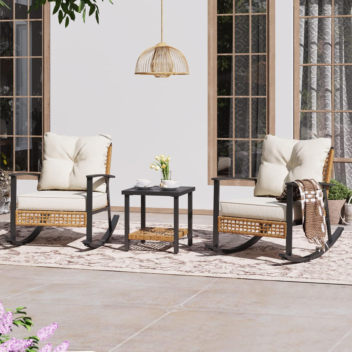 LAUSAINT HOME 3-Piece Rattan Rocking Bistro Set With 2-Tier Coffee Table, Beige